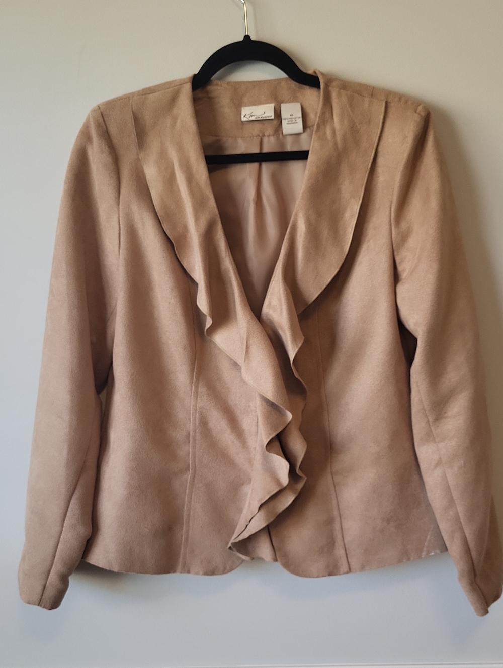 Kim Rogers Ruffled Open-Front Jacket in Tan